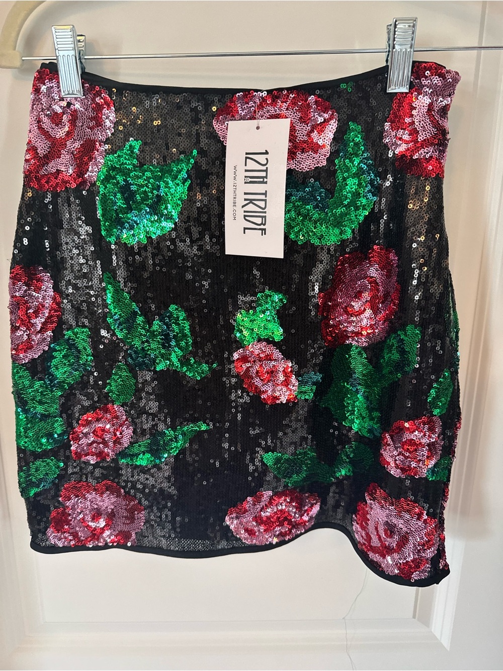 12th Tribe Sequin Floral Mini Skirt in Black with Red & Green Rose